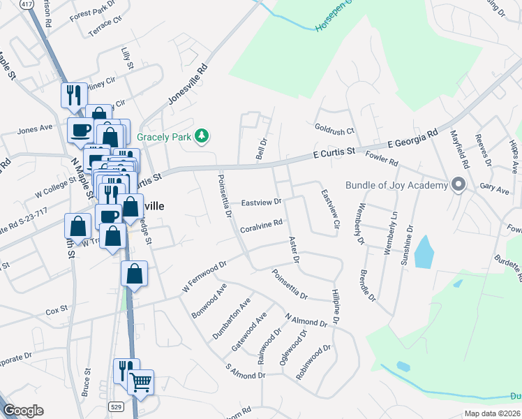 map of restaurants, bars, coffee shops, grocery stores, and more near 110 Eastview Drive in Simpsonville