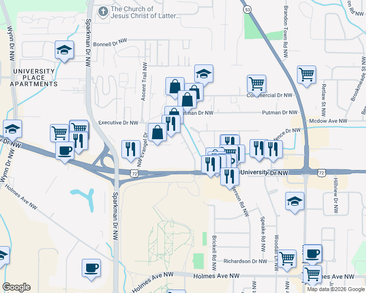 map of restaurants, bars, coffee shops, grocery stores, and more near 1013 Putman Drive Northwest in Huntsville
