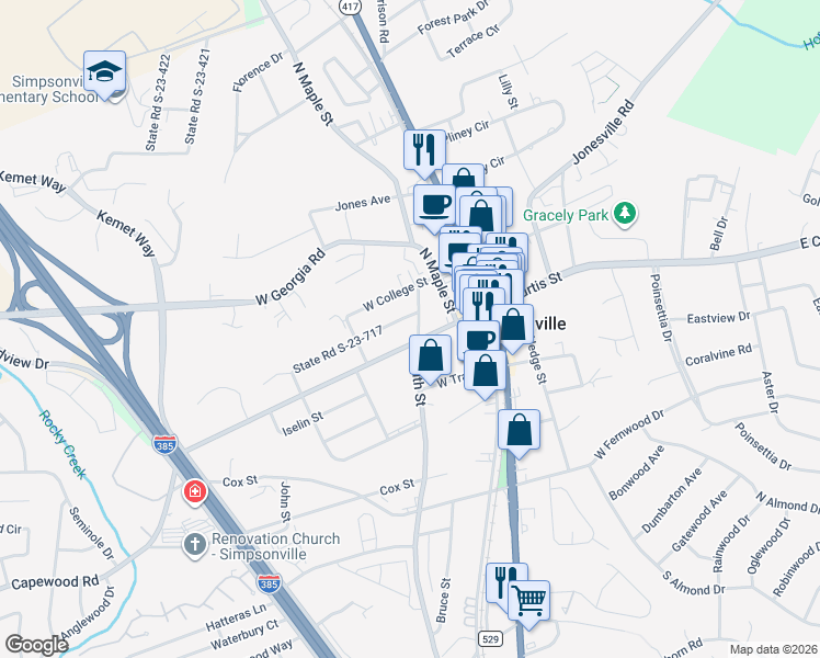 map of restaurants, bars, coffee shops, grocery stores, and more near 302 West Curtis Street in Simpsonville