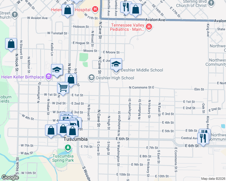 map of restaurants, bars, coffee shops, grocery stores, and more near 500-550 North High Street in Tuscumbia