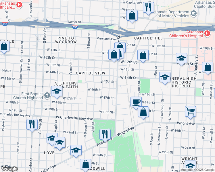 map of restaurants, bars, coffee shops, grocery stores, and more near 1514 South Booker Street in Little Rock