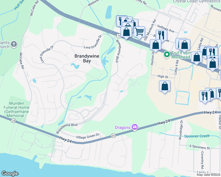 map of restaurants, bars, coffee shops, grocery stores, and more near 206 Lazy Lane in Morehead City