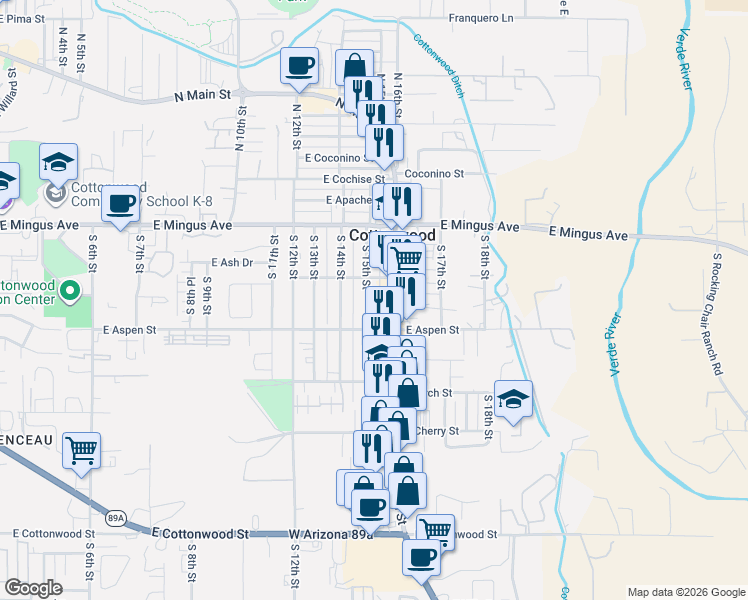 map of restaurants, bars, coffee shops, grocery stores, and more near 123 South 15th Street in Cottonwood