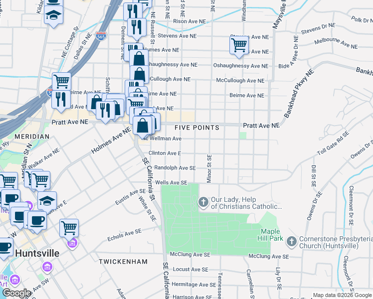 map of restaurants, bars, coffee shops, grocery stores, and more near 1111 Clinton Avenue East in Huntsville
