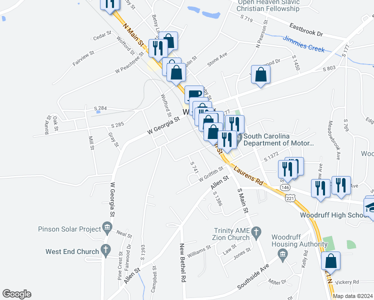 map of restaurants, bars, coffee shops, grocery stores, and more near 248 West Pine Street in Woodruff