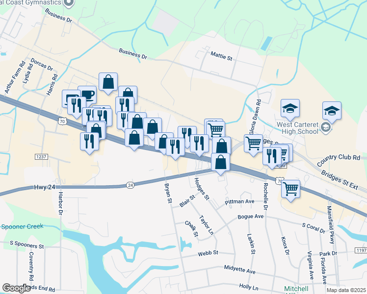 map of restaurants, bars, coffee shops, grocery stores, and more near 5062 Highway 70 West in Morehead City