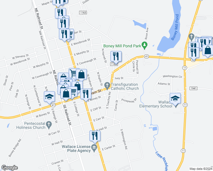map of restaurants, bars, coffee shops, grocery stores, and more near 507 East Main Street in Wallace