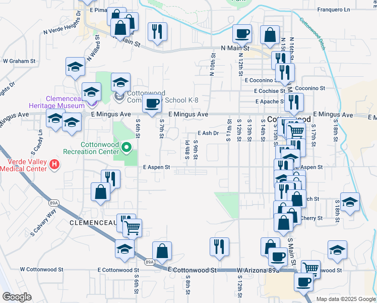 map of restaurants, bars, coffee shops, grocery stores, and more near 149 South 8th Place in Cottonwood