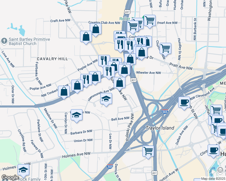 map of restaurants, bars, coffee shops, grocery stores, and more near 2205 Hammonds Avenue Northwest in Huntsville