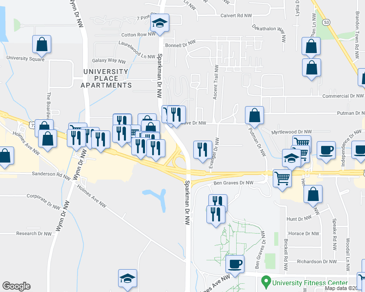 map of restaurants, bars, coffee shops, grocery stores, and more near 1248 Sparkman Drive Northwest in Huntsville
