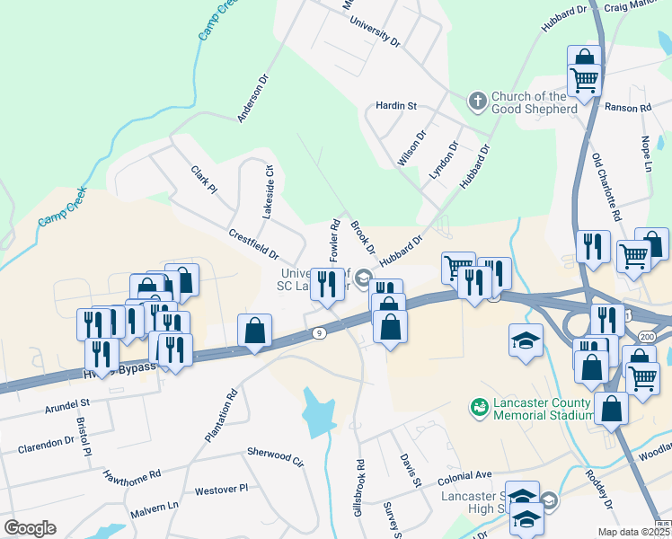 map of restaurants, bars, coffee shops, grocery stores, and more near 1315 Brook Drive in Lancaster
