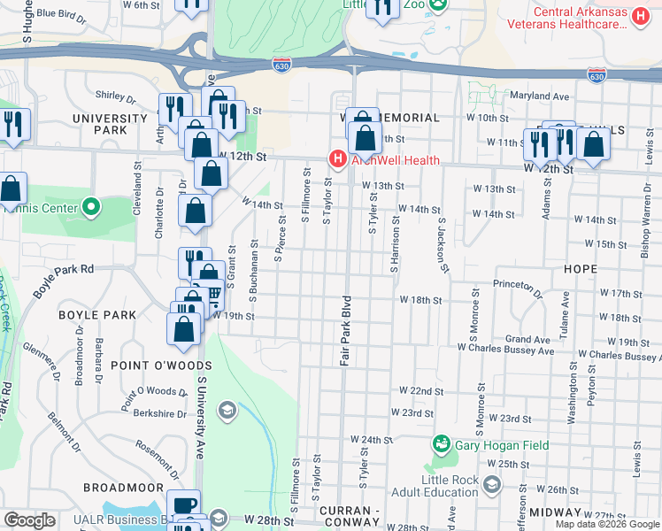 map of restaurants, bars, coffee shops, grocery stores, and more near 1619 South Taylor Street in Little Rock
