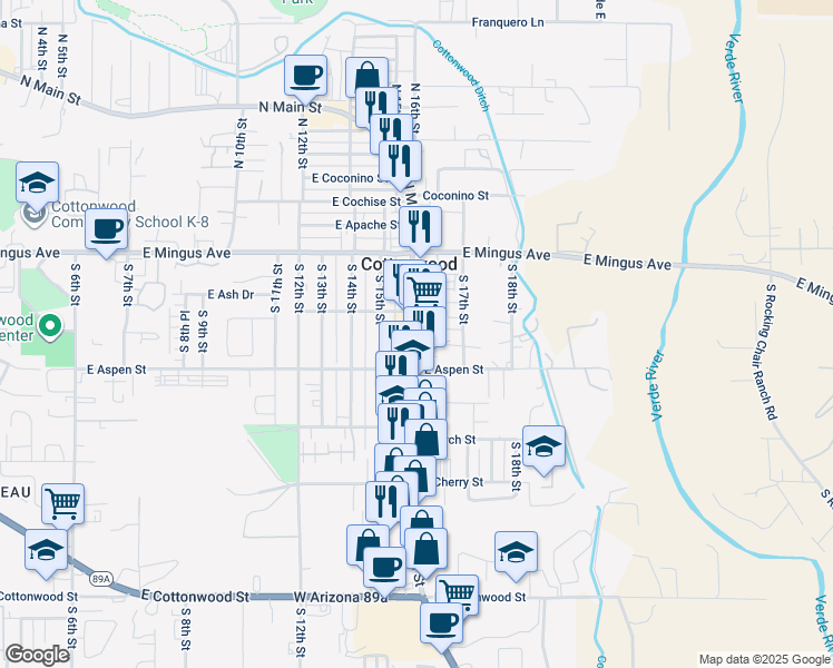 map of restaurants, bars, coffee shops, grocery stores, and more near 129 South Main Street in Cottonwood