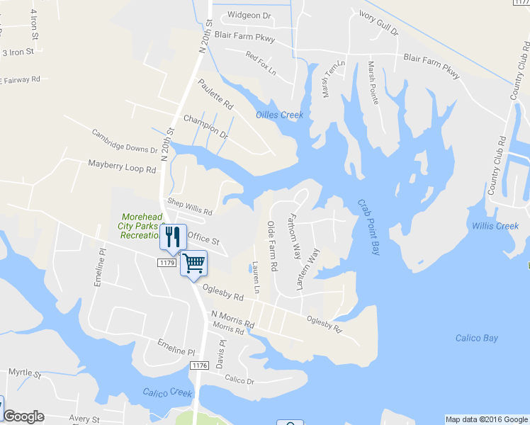 map of restaurants, bars, coffee shops, grocery stores, and more near 1813 Olde Farm Road in Morehead City