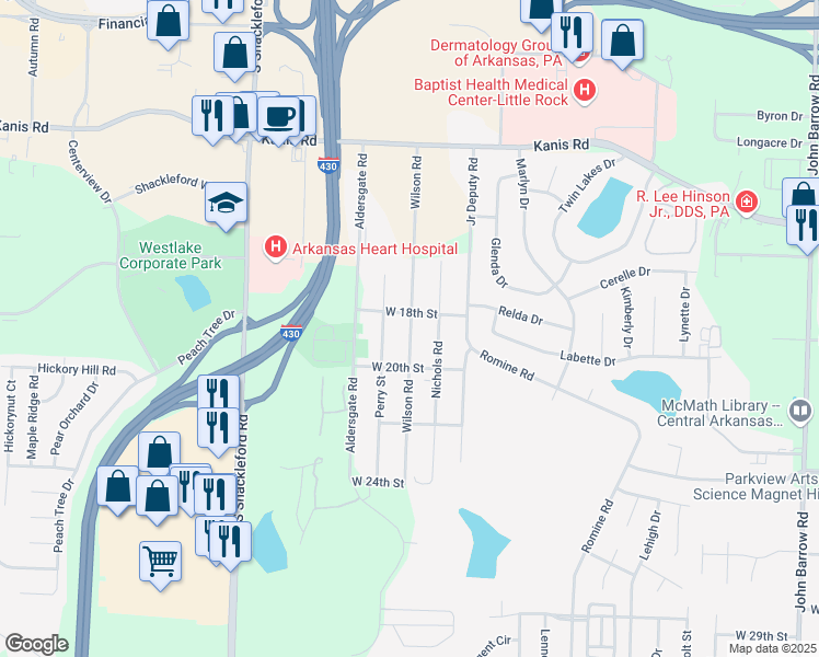 map of restaurants, bars, coffee shops, grocery stores, and more near 1807 Wilson Road in Little Rock