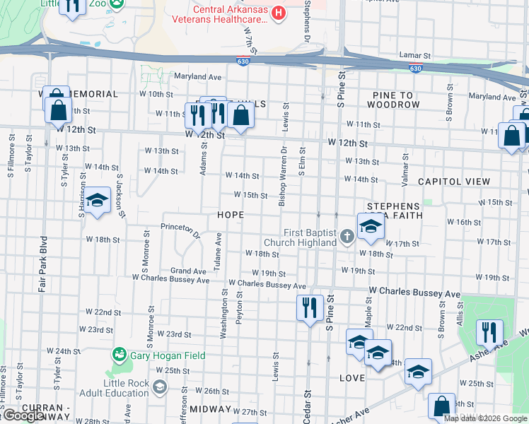 map of restaurants, bars, coffee shops, grocery stores, and more near 4316 West 16th Street in Little Rock