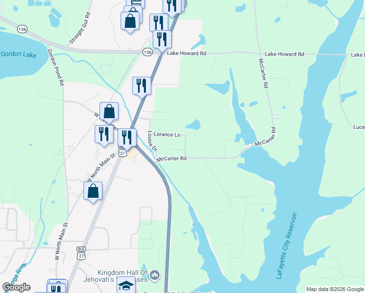 map of restaurants, bars, coffee shops, grocery stores, and more near 224 Ramage Avenue in LaFayette