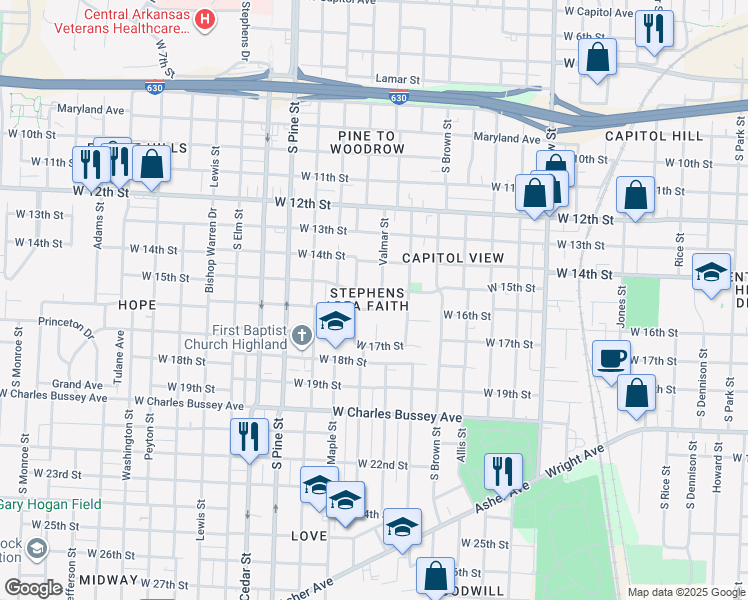 map of restaurants, bars, coffee shops, grocery stores, and more near 1510 Valmar Street in Little Rock