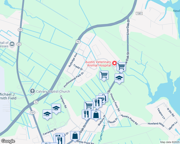 map of restaurants, bars, coffee shops, grocery stores, and more near 104 Palmetto Place Circle in Beaufort