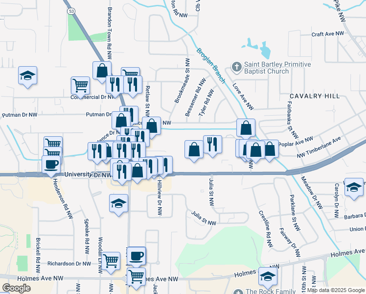 map of restaurants, bars, coffee shops, grocery stores, and more near 3784 University Drive Northwest in Huntsville