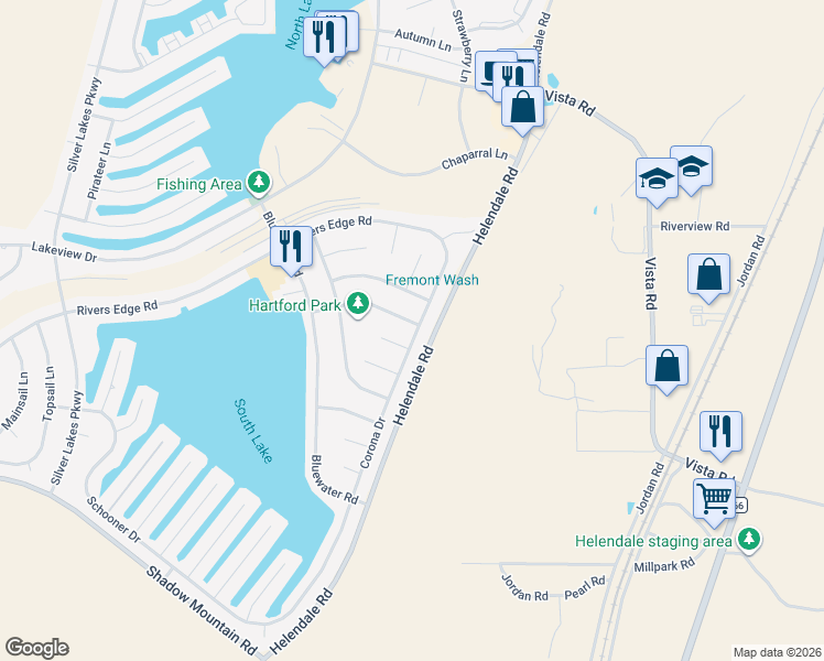 map of restaurants, bars, coffee shops, grocery stores, and more near 14889 Hartford Lane in Helendale