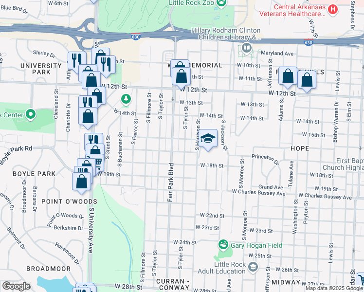 map of restaurants, bars, coffee shops, grocery stores, and more near 1614 South Tyler Street in Little Rock