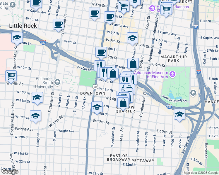 map of restaurants, bars, coffee shops, grocery stores, and more near 1218 Center Street in Little Rock