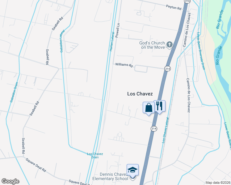map of restaurants, bars, coffee shops, grocery stores, and more near Powell Ln in Belen