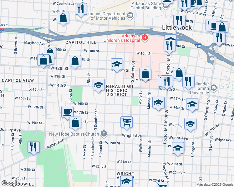 map of restaurants, bars, coffee shops, grocery stores, and more near 1419 S Schiller St in Little Rock