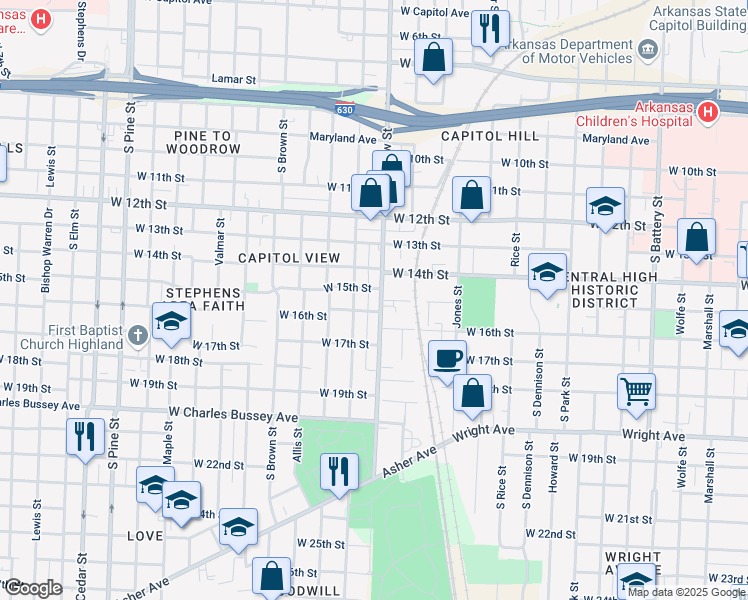 map of restaurants, bars, coffee shops, grocery stores, and more near 2820 West 15th Street in Little Rock
