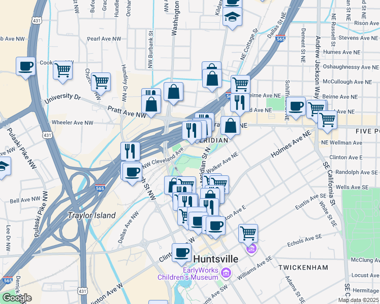 map of restaurants, bars, coffee shops, grocery stores, and more near 604 Winston Circle Northeast in Huntsville