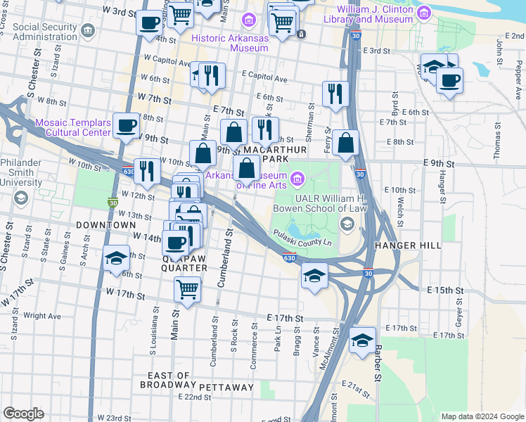 map of restaurants, bars, coffee shops, grocery stores, and more near in Little Rock