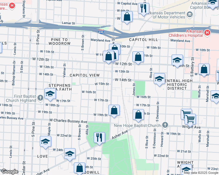 map of restaurants, bars, coffee shops, grocery stores, and more near 2820 West 15th Street in Little Rock