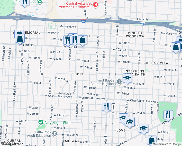 map of restaurants, bars, coffee shops, grocery stores, and more near 4316 West 16th Street in Little Rock