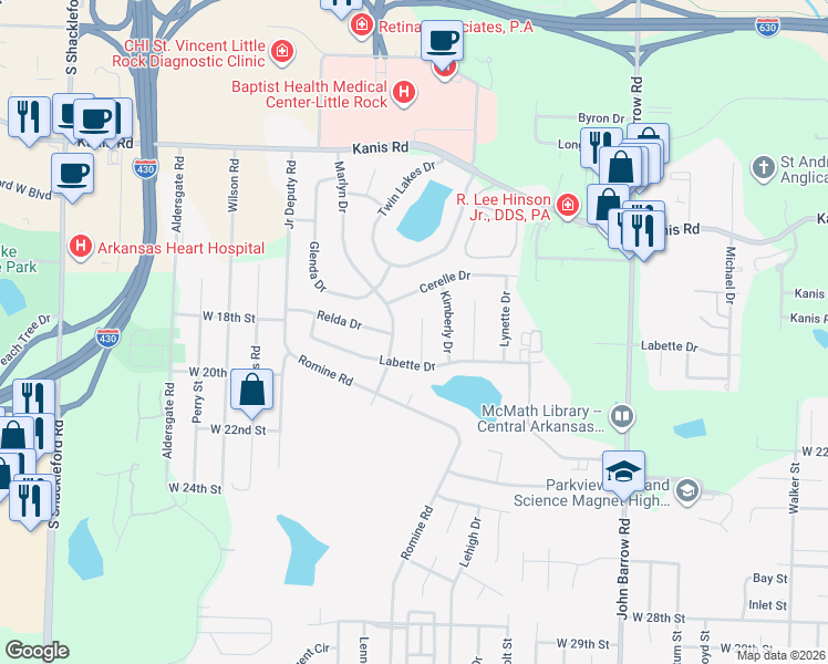 map of restaurants, bars, coffee shops, grocery stores, and more near 10 Labette Court in Little Rock