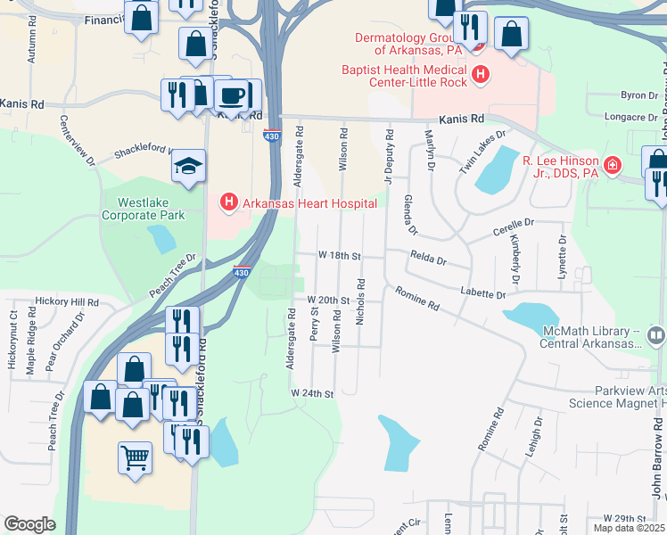 map of restaurants, bars, coffee shops, grocery stores, and more near 1807 Wilson Road in Little Rock