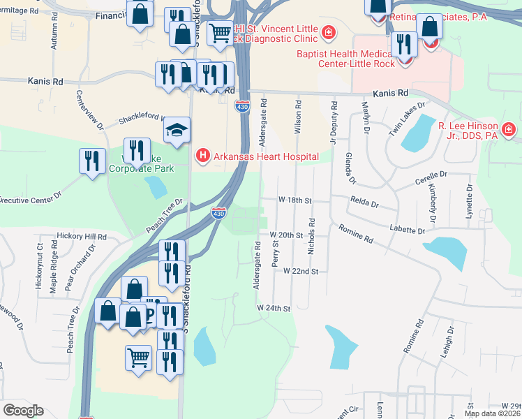 map of restaurants, bars, coffee shops, grocery stores, and more near 1812 Perry Street in Little Rock