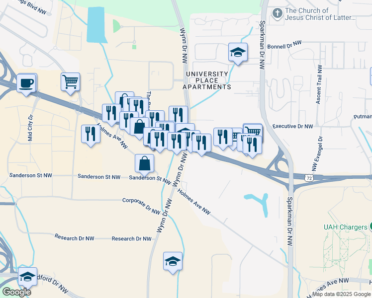 map of restaurants, bars, coffee shops, grocery stores, and more near in Huntsville