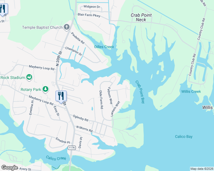 map of restaurants, bars, coffee shops, grocery stores, and more near 1405 Fathom Way in Morehead City