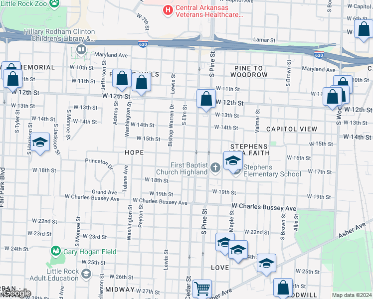 map of restaurants, bars, coffee shops, grocery stores, and more near 1523 South Elm Street in Little Rock