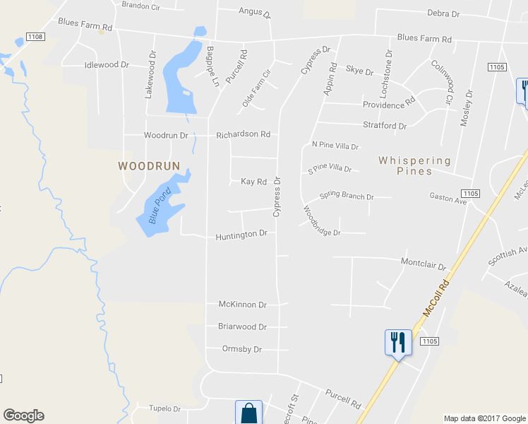 map of restaurants, bars, coffee shops, grocery stores, and more near 12520 Windmere Dr in Laurinburg