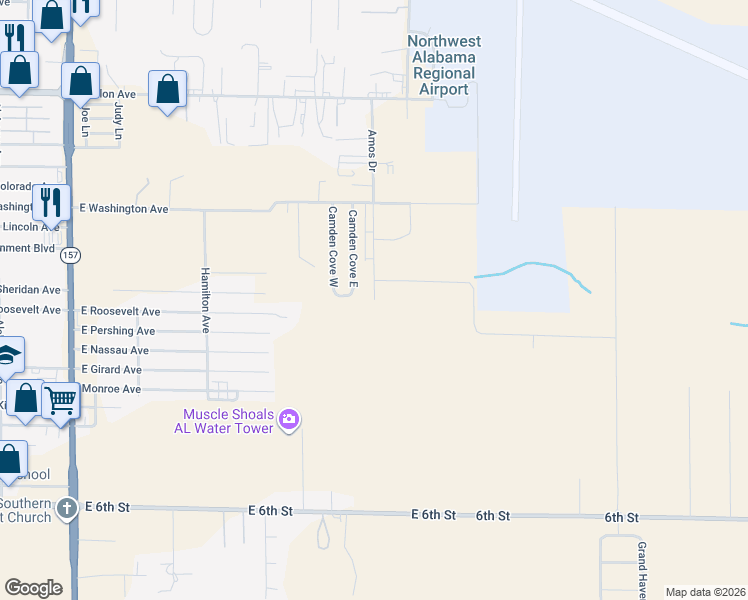 map of restaurants, bars, coffee shops, grocery stores, and more near 1898 Amos Drive in Muscle Shoals