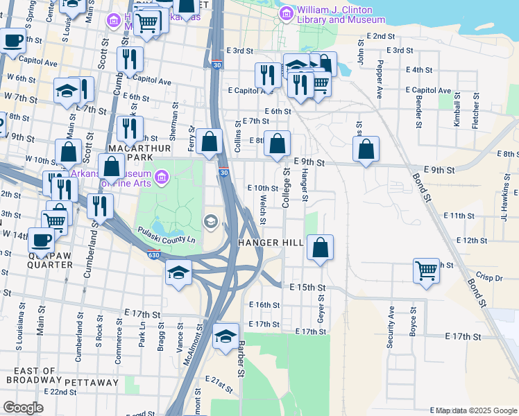 map of restaurants, bars, coffee shops, grocery stores, and more near 1026 Welch Street in Little Rock