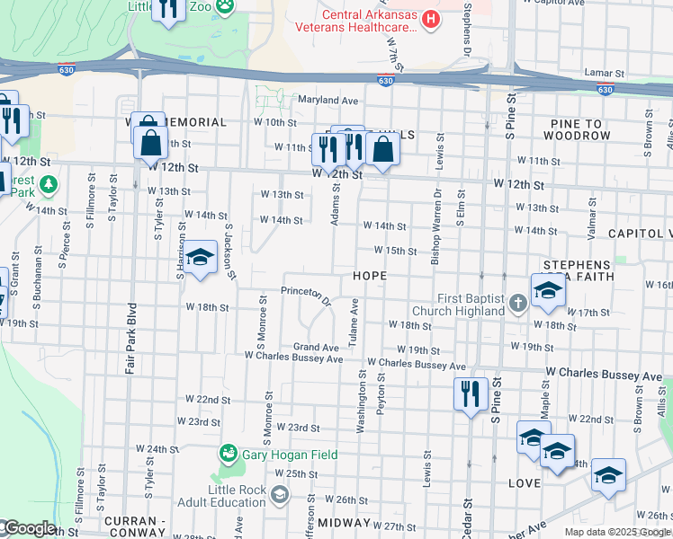 map of restaurants, bars, coffee shops, grocery stores, and more near 4520 West 16th Street in Little Rock