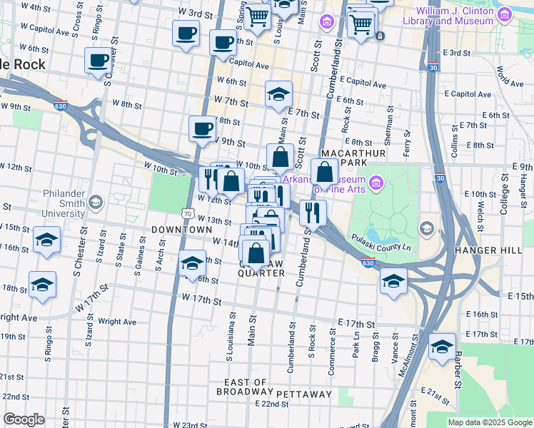 map of restaurants, bars, coffee shops, grocery stores, and more near 1204 Main Street in Little Rock