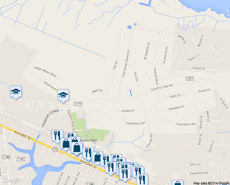 map of restaurants, bars, coffee shops, grocery stores, and more near 803 Lake North Shore Drive in Morehead City