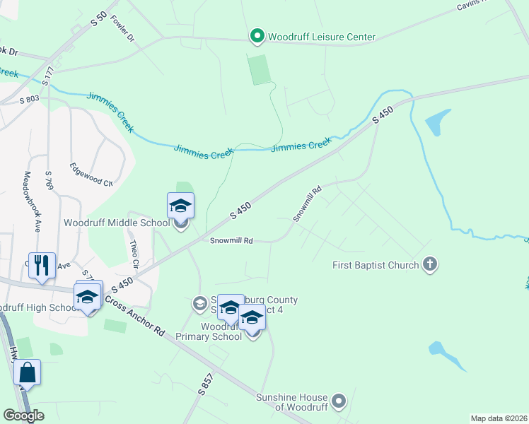 map of restaurants, bars, coffee shops, grocery stores, and more near 444 Sj Workman Highway in Woodruff