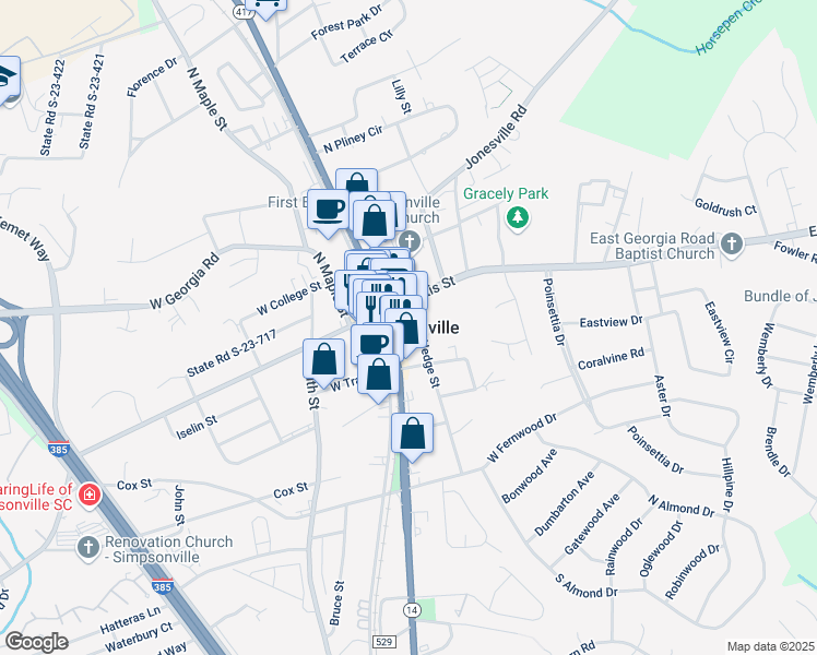 map of restaurants, bars, coffee shops, grocery stores, and more near in Simpsonville