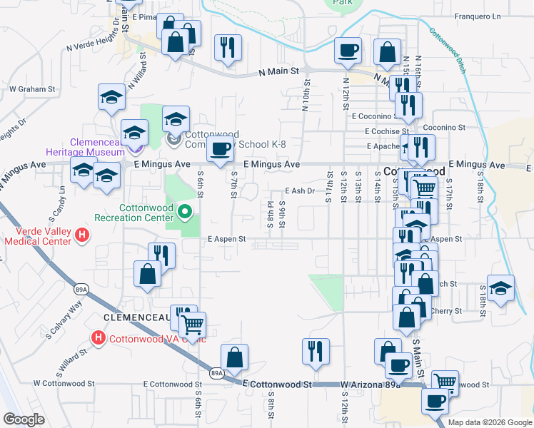 map of restaurants, bars, coffee shops, grocery stores, and more near 149 South 8th Place in Cottonwood