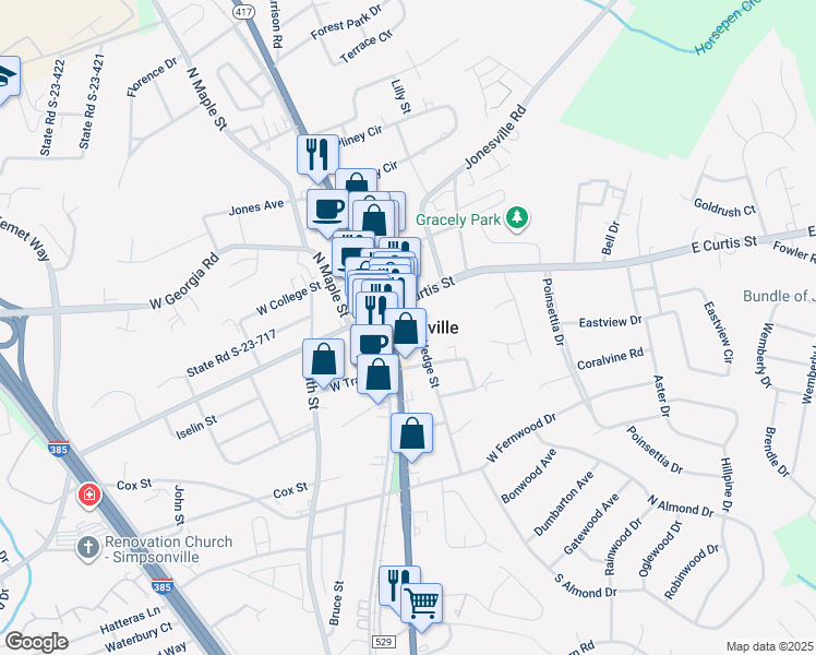 map of restaurants, bars, coffee shops, grocery stores, and more near in Simpsonville